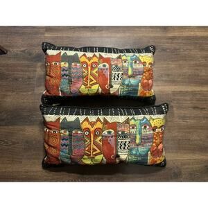 2 Laurel Burch Cat Faces Pillow Tapestry Multi Colored Lumbar Rectangular 23x12